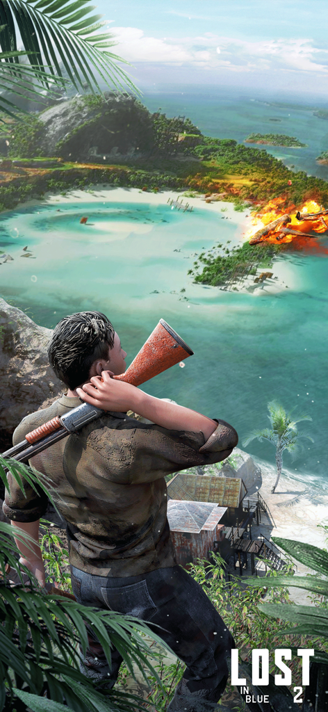 총을 든 생존자가 불타는 비행기 추락 사고가 있는 열대 섬 석호가 내려다보이는 모습