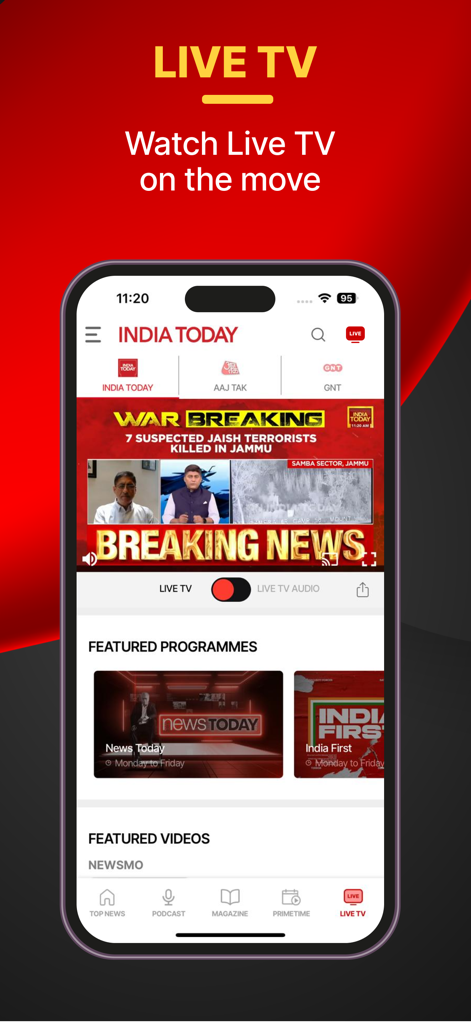 India Today TV English News - India Todayアプリのインターフェース。ライブTVストリーミングと、速報ニュース、注目の番組が表示されています