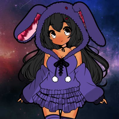 pretty anime girl wearing a fluffy hoodie with bunny ears on the hood and a skirt