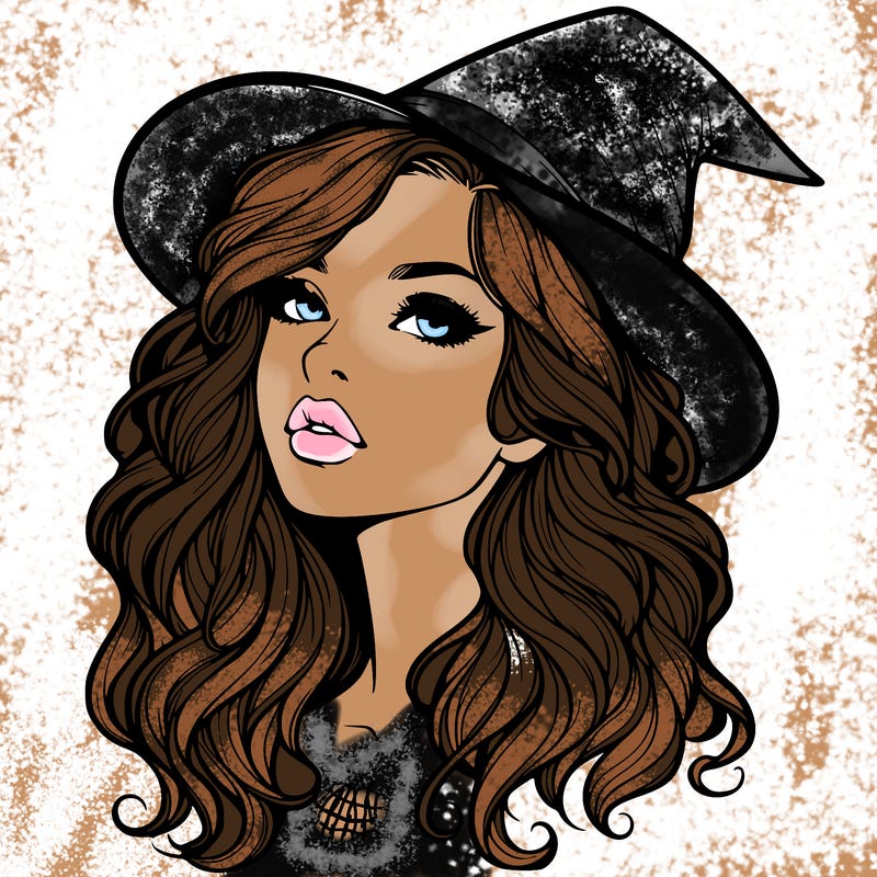 realistic witch girl with wavy hair and lips