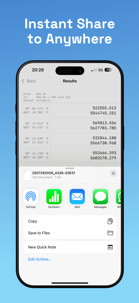 CoordCap: Capture & Convert - Screenshot of the CoordCap app showing converted coordinate results and the sharing menu on an iPhone