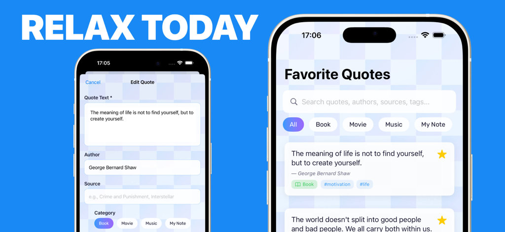 OnIуFаns:Verba Lines - Mobile app interface for saving and organizing favorite quotes with tags and categories