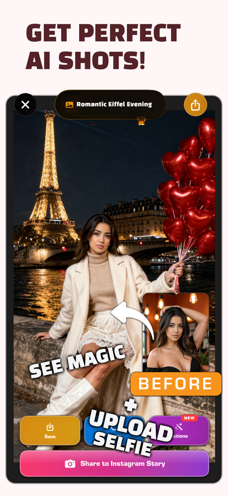 PixenAI: Photo & Video Creator - AI photo transformation showing a before and after comparison of a woman at the Eiffel Tower with red heart balloons