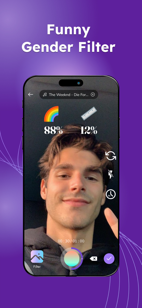 Accurate Filter: Emoji Game - ユーザーの自撮り写真に絵文字が表示された面白い性別フィルターの結果を示す正確なフィルターアプリのスクリーンショット