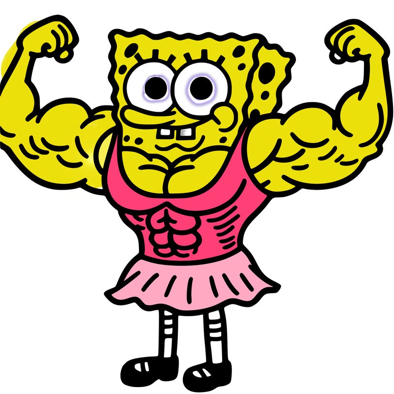 sponge bob in a dress showing his muscles