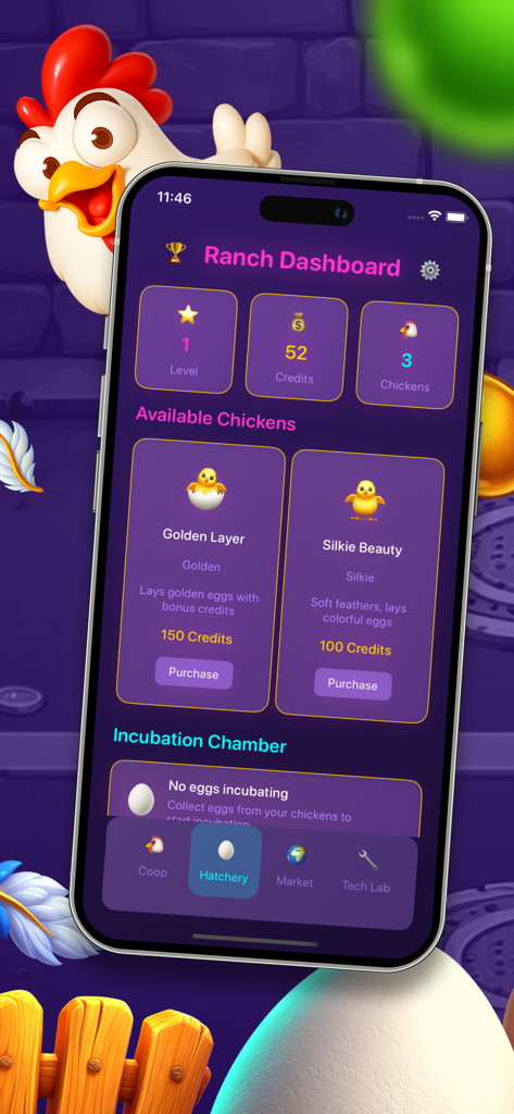 Nest Stories: Windward Path - Ranch dashboard in Nest Stories showing available chicken breeds and credit stats on an iPhone