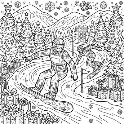 Get ready for an exhilarating coloring adventure with our Christmas Snowboard Racers page! Watch as athletes navigate a festive slope adorned with decorated trees and holiday gifts, perfect for a winter's day.