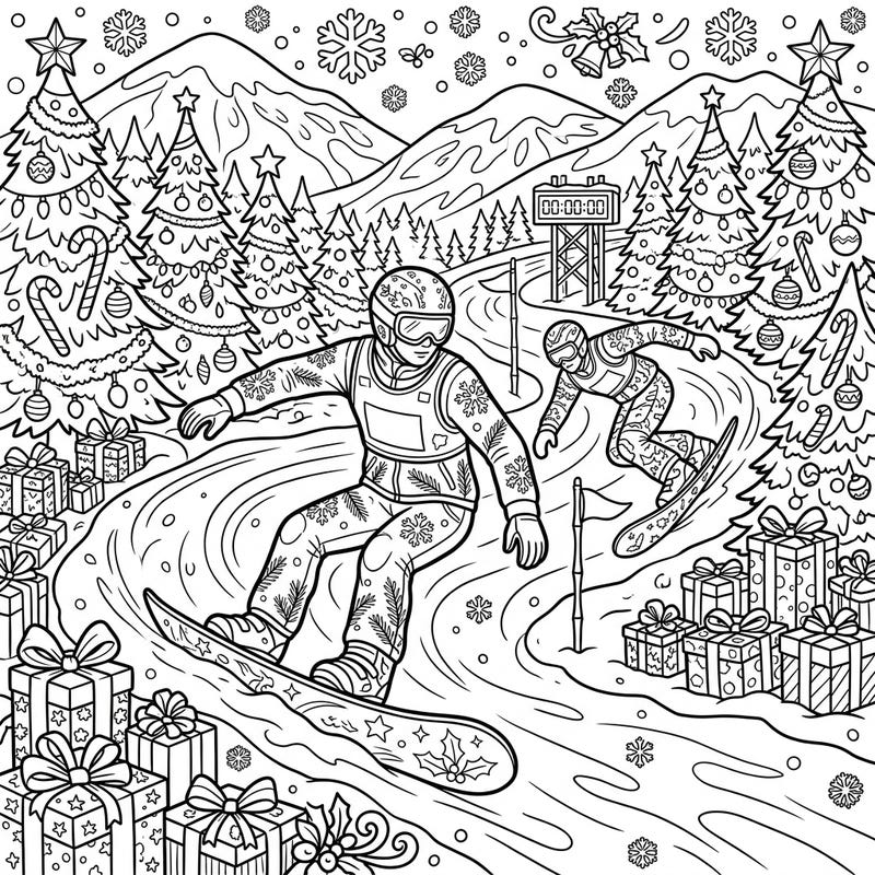 Get ready for an exhilarating coloring adventure with our Christmas Snowboard Racers page! Watch as athletes navigate a festive slope adorned with decorated trees and holiday gifts, perfect for a winter's day.