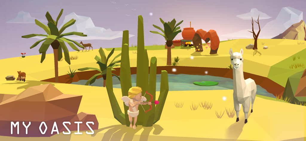 My Oasis: Anxiety Relief Game - Un'oasi nel deserto low-poly nell'app My Oasis con un alpaca e un personaggio di cupido
