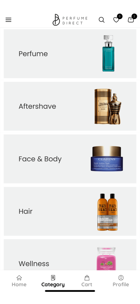 Category selection screen in the Perfume Direct app featuring perfume aftershave and beauty products