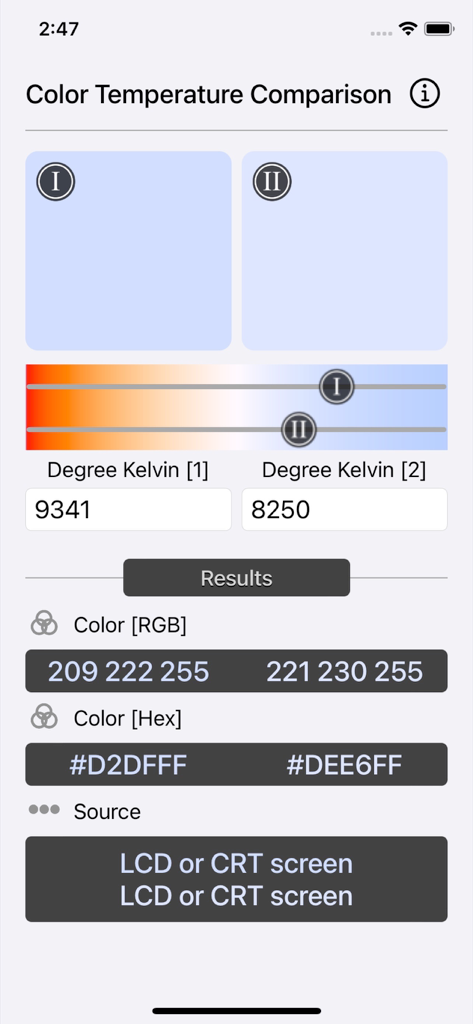 Interface do aplicativo Comparação de Temperatura de Cor mostrando comparação lado a lado de temperaturas de luz em Kelvin com valores RGB e HEX.