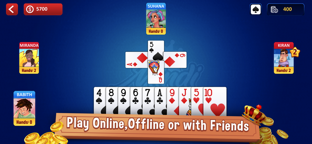 Juego de cartas Mindi mostrando una partida multijugador con avatares de jugadores y una mano de cartas