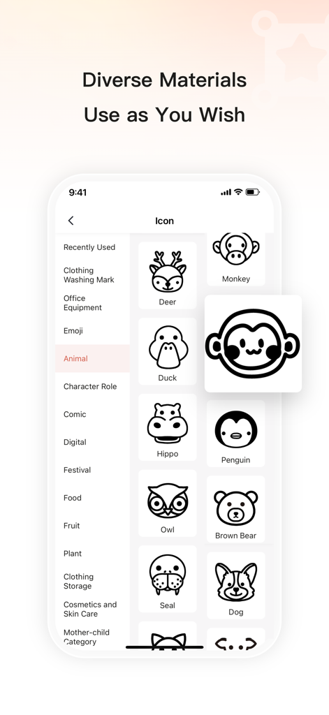 Print Master app interface showing a library of animal icons for custom label design