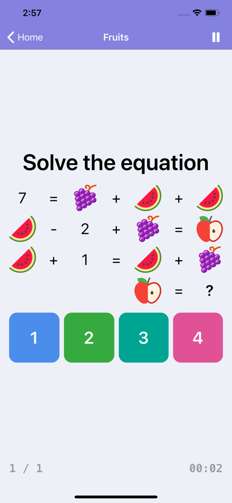 A math equation puzzle using fruit icons in the Brainilis app