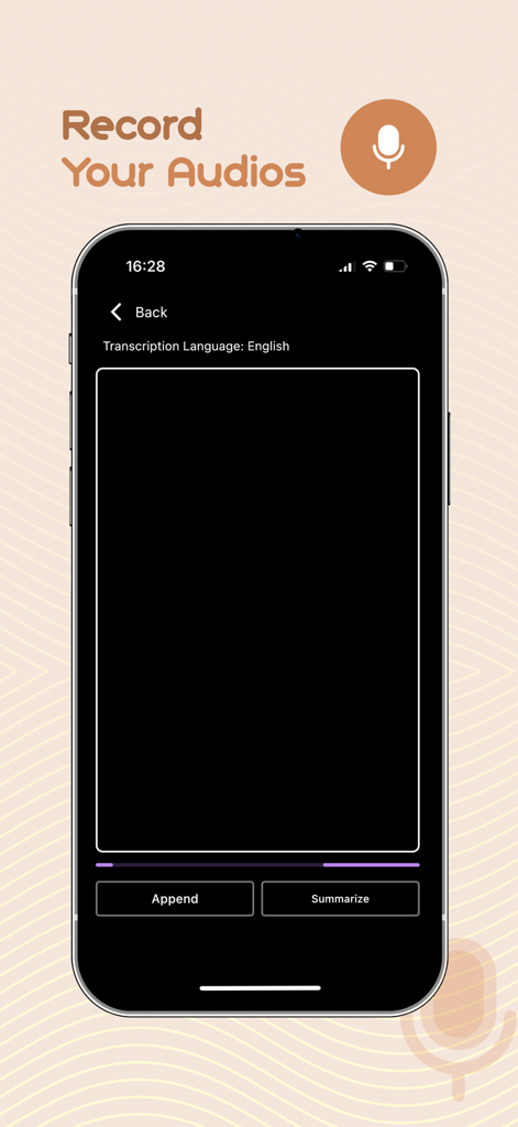Interface do aplicativo Notely Voice mostrando a tela de gravação de áudio com opções para resumir e anexar notas em modo escuro.