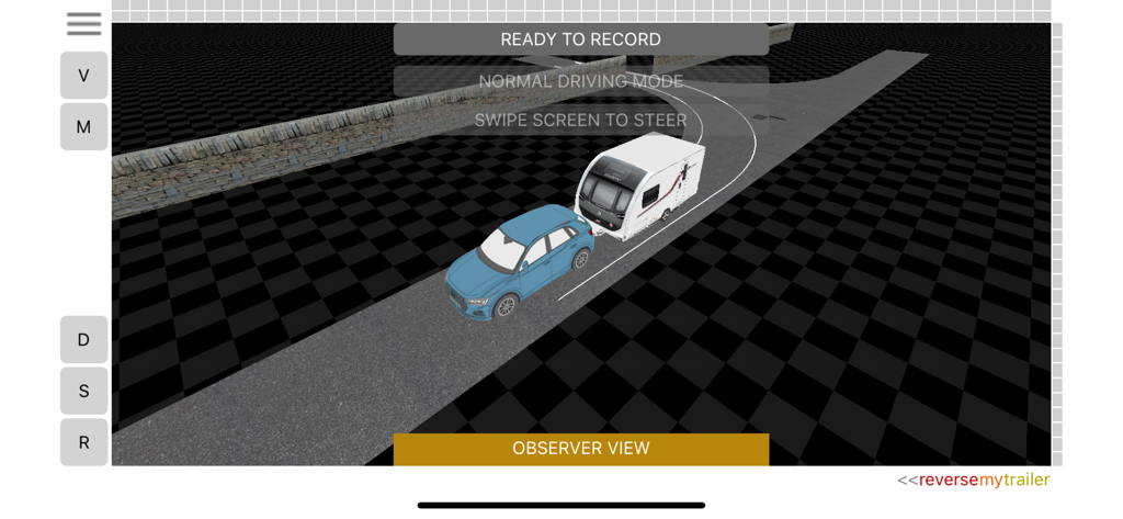 ReverseMyTrailer - Observer view of a blue car towing a white caravan in the trailer maneuvering simulator