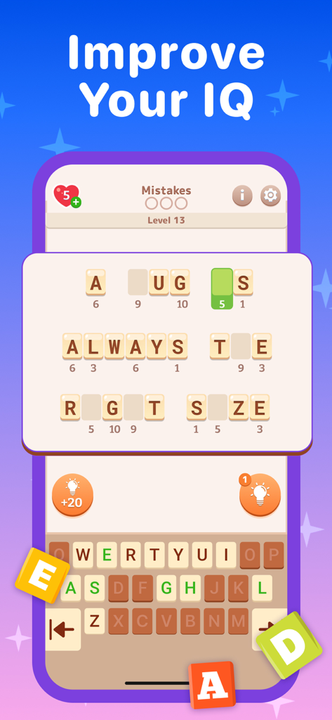 Cryptogram: Word Puzzles Games - A cryptogram word puzzle gameplay screen with a challenge to improve IQ