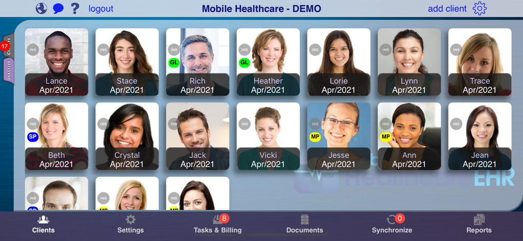 Mobile Healthcare EHR - Patient list dashboard in the Mobile Healthcare EHR app showing client profiles and photos.