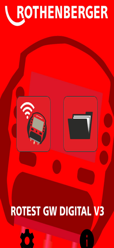 RoData Mobile - Pantalla de inicio de la aplicación RoData Mobile que muestra el logo de Rothenberger y opciones para la sincronización del dispositivo ROTEST GW Digital V3 y la gestión de archivos