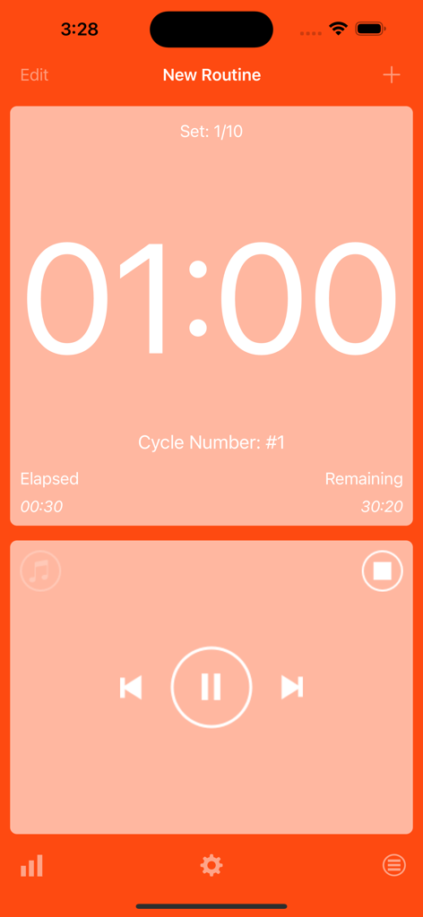 Captura de pantalla de la aplicación HIIT Interval Timer que muestra un temporizador de cuenta regresiva para una nueva rutina con controles de música integrados