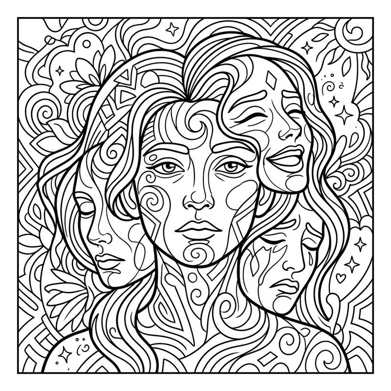 Discover a captivating abstract portrait coloring page that beautifully blends intricate patterns with deeply expressive faces. This unique design offers a serene yet thought-provoking canvas for colorists of all levels.