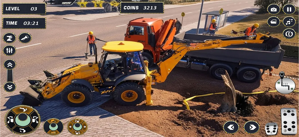 A yellow backhoe and orange dump truck at a construction site in the City Road Construction Offline game