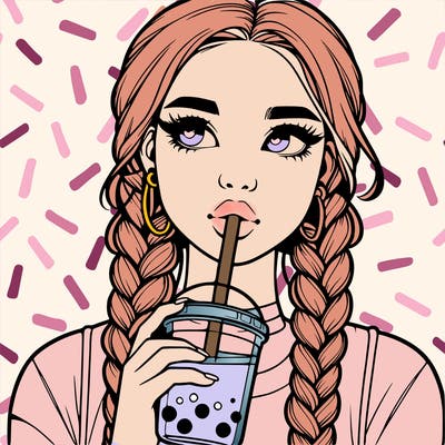 realistic girl with braided hair drinking boba