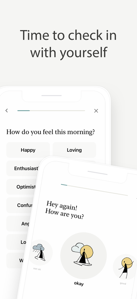 Reflect app interface showing mood tracking questions and daily check-in screens