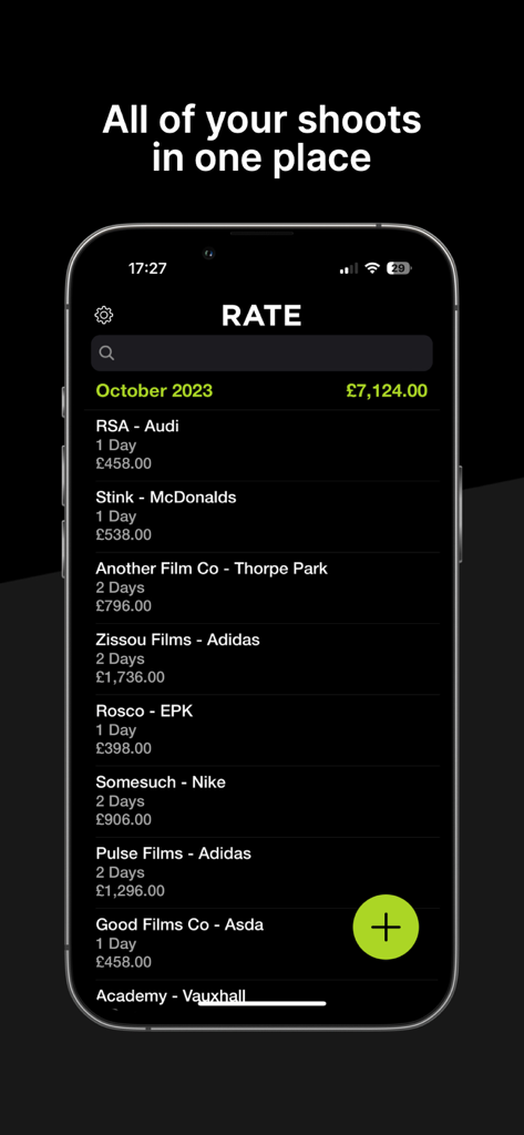 A list of commercial film shoots and earnings summary in the Rate app