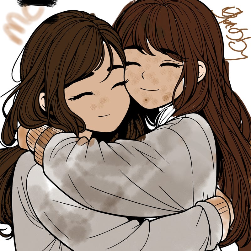 realistic two girls hugging