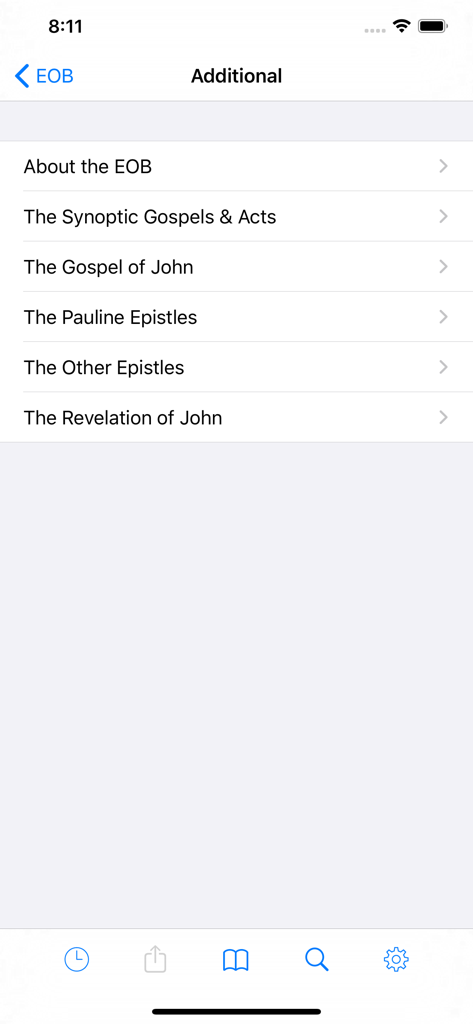 Eastern Orthodox Bible - The additional resources menu in the Eastern Orthodox Bible app listing introductory material and New Testament categories like the Gospels and Epistles.