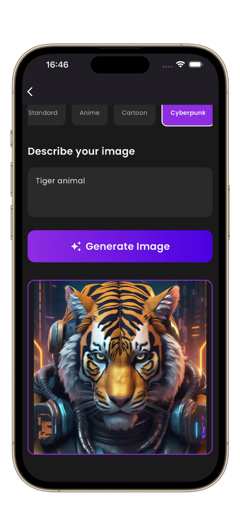Mobile app interface for generating a cyberpunk style tiger profile photo using AI.