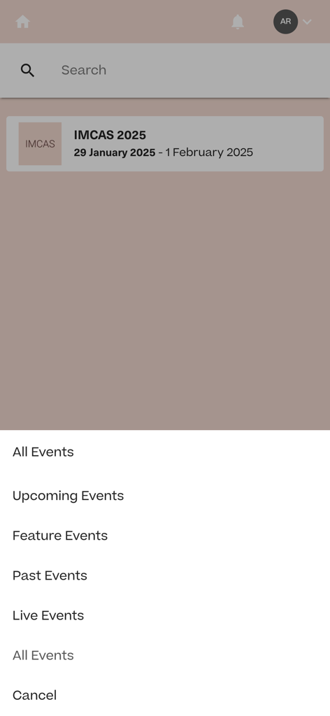 AMI Liveアプリのインターフェイス。IMCAS 2025のイベント検索と、今後のイベントまたはライブイベントでフィルタリングするメニューが表示されています。