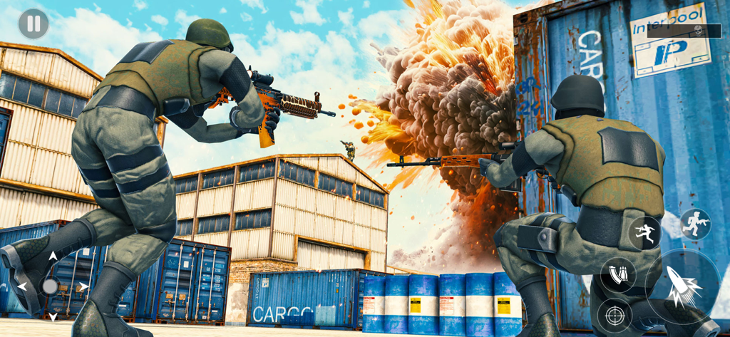 Fire Battleground Fps Survival - Dos soldados con equipo militar participando en un ataque táctico en un campo de batalla con una gran explosión al fondo.