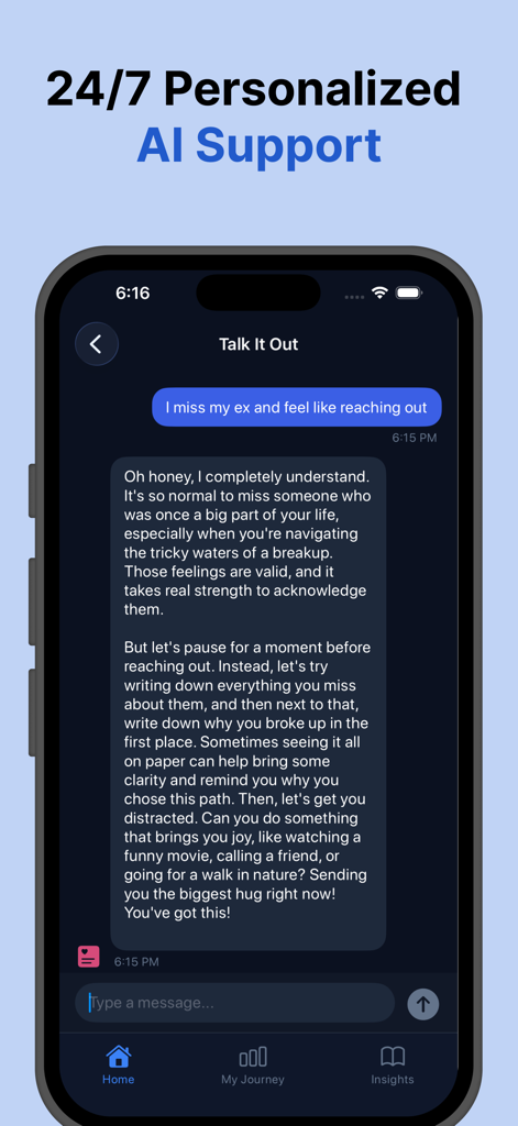 No Contact Breakup Tracker AI - AI coach chat interface in the No Contact Breakup Tracker app providing relationship advice