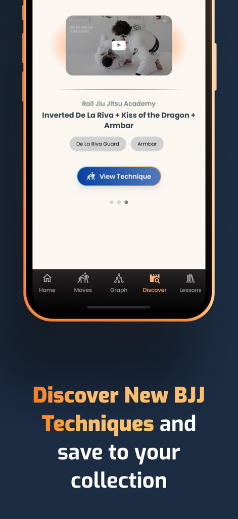 Kimura - BJJ Notes & Sessions - Kimura 앱 검색 화면으로 BJJ 기술 시퀀스 동영상이 표시되고 보고 컬렉션에 저장하는 옵션이 있습니다.
