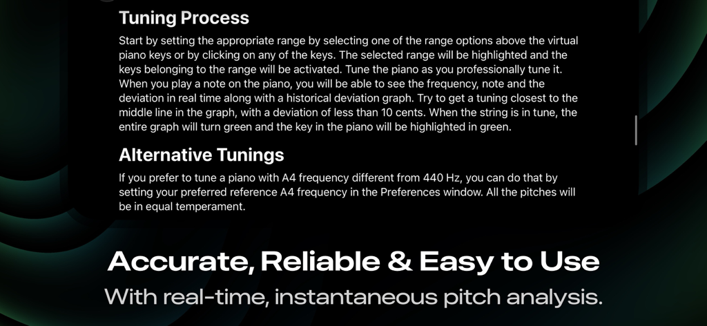 Piano Tuner PT1 - Descripción de texto del proceso de afinación de pianos y las opciones de afinación alternativa en la aplicación PT1.