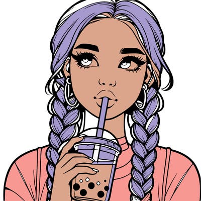 realistic girl with braided hair drinking boba