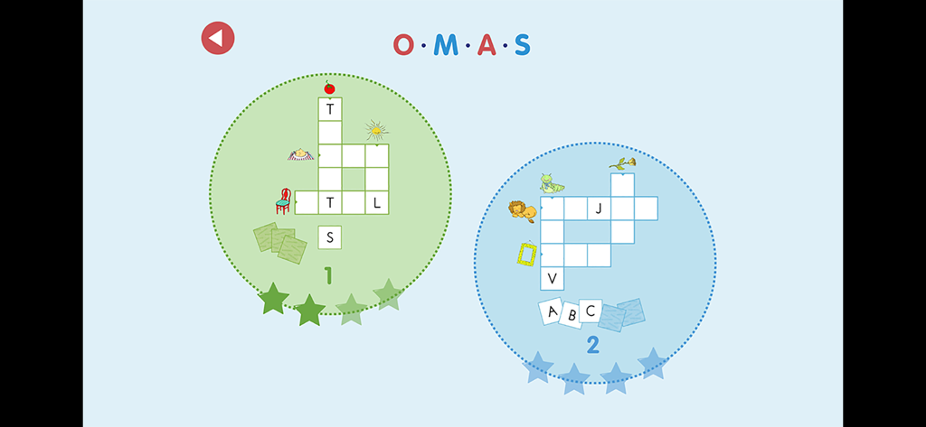 Two colorful circular icons showing level one and level two of a Swedish crossword puzzle game for children.