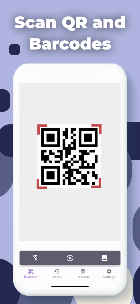 QR Code Reader App - ScanQR - Interfaccia dello smartphone dell'app ScanQR che scansiona un codice QR con menu di navigazione