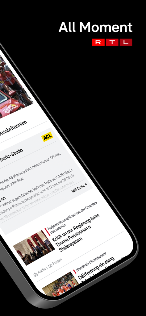 RTL.lu mobile app displaying news feed traffic updates and sports articles in Luxembourgish