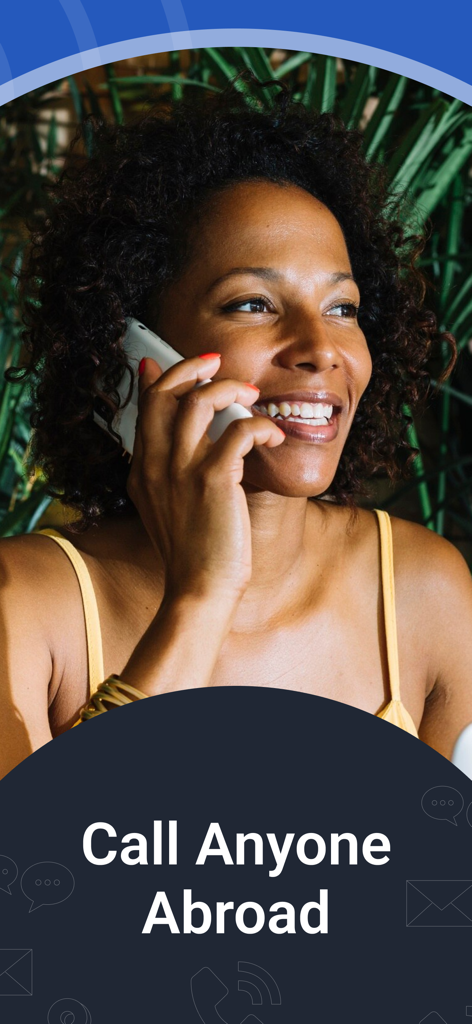 International Calling App:Telz - A smiling woman with curly hair making a phone call with the text Call Anyone Abroad