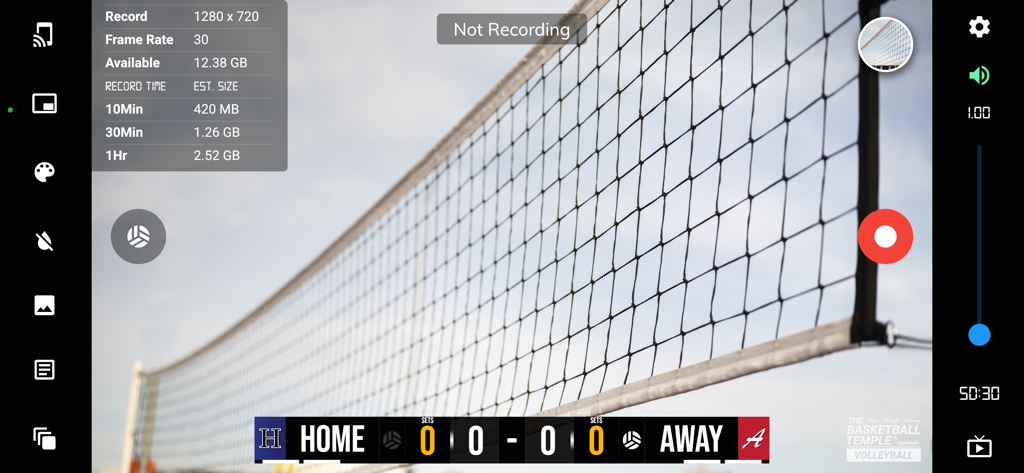 BT Volleyball Camera - BT Volleyball Camera app interface showing the scoreboard overlay and recording settings over a volleyball net background