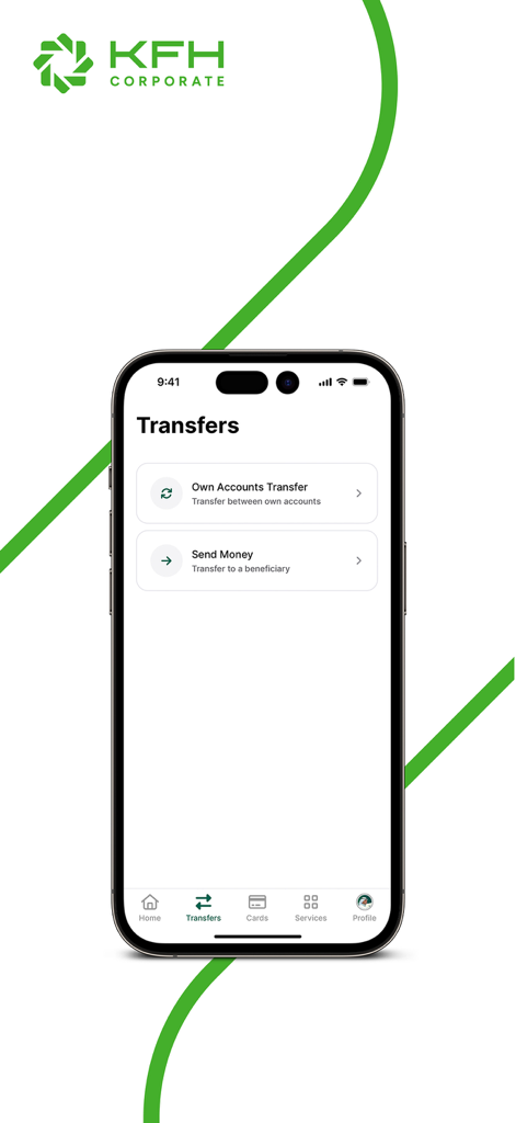 KFH Corporate - KFH Corporate mobile banking app transfers screen