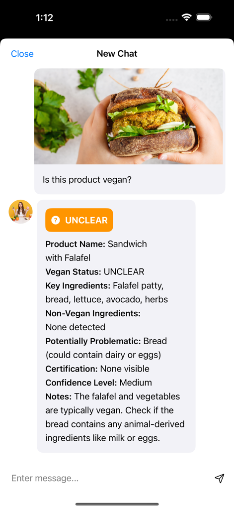Vegan Check mobile app interface showing an AI ingredient analysis of a falafel sandwich