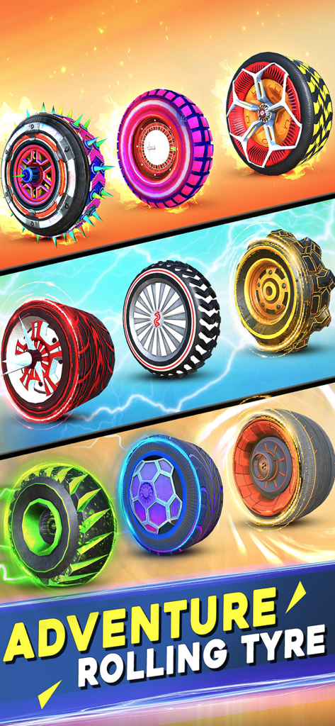 Going Tire: Merge Ball Games - Una muestra de varios diseños de neumáticos coloridos y únicos con efectos brillantes y patrones diversos.