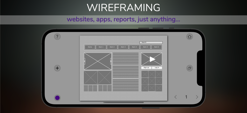 Designs+ for UI Design - Smartphone displaying a website wireframe layout with navigation bars and content blocks in the Designs Plus app.