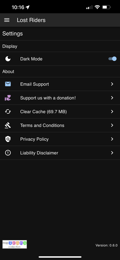 Settings screen of the Lost Riders app in dark mode showing navigation and support options.