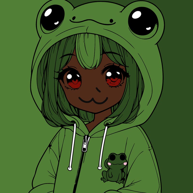 cute realistic girl in a froggy hoodie