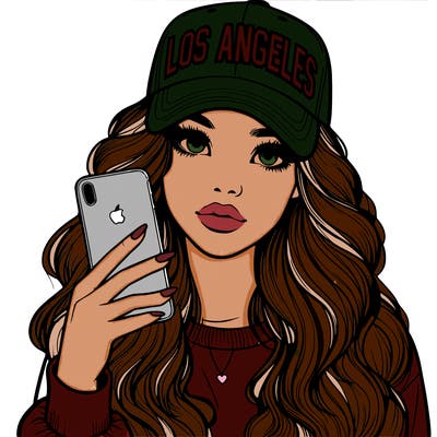 realistic beautiful girl wearing los ángeles cap holding an iphone